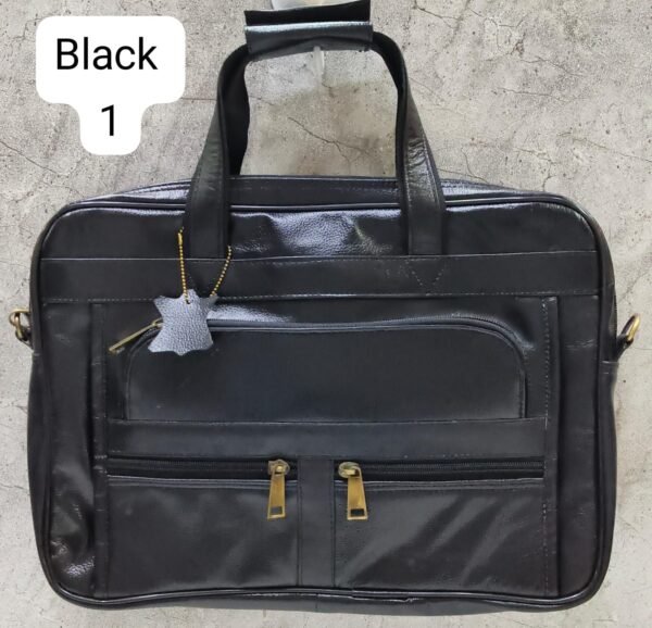 Leather Craft Black Leather Laptop Bag with Multi-Pocket Design