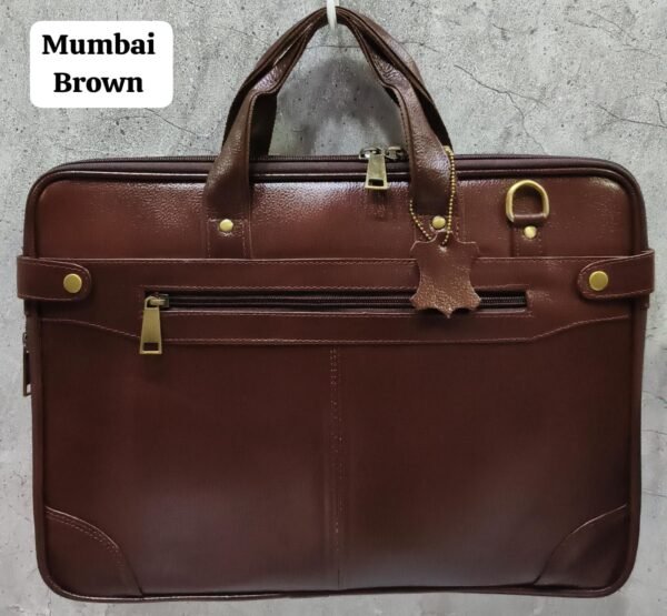 Leather Craft Pure Leather Laptop Bag Multiple Compartments With Mumbai Brown Color